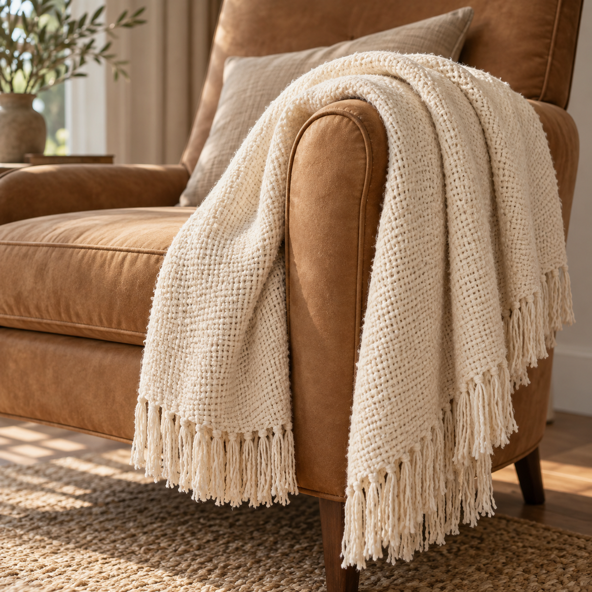 Generated styling illustration of Cream Fringe Throw