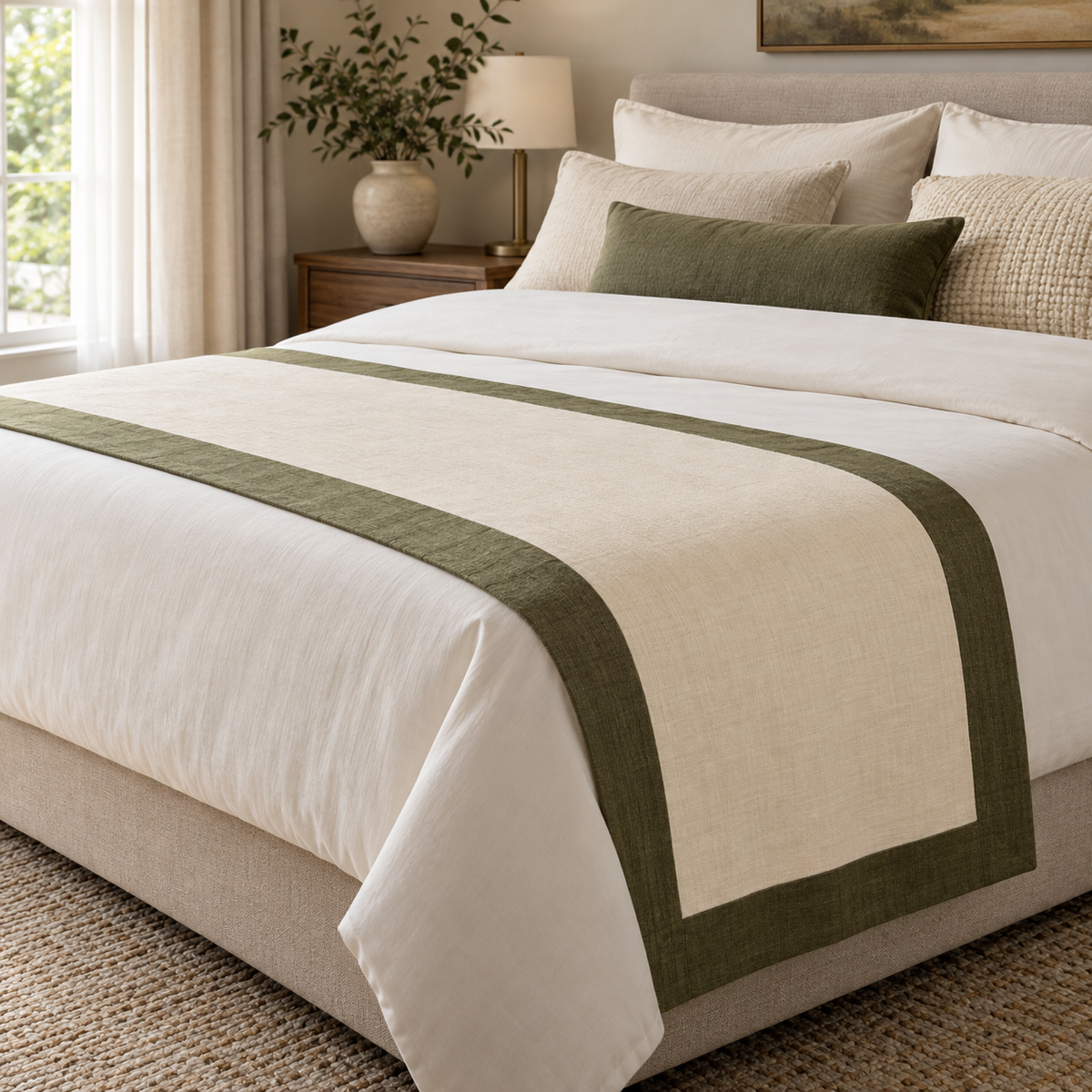 Generated styling illustration of Olive Border Bed Runner